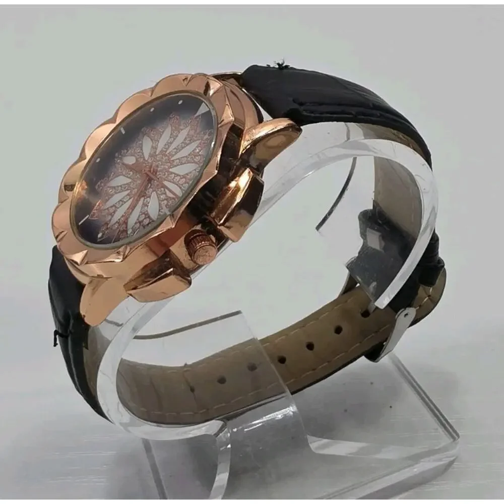 Rose Gold Star Pattern Womens Watch Black Faux Leather Band New Battery W332
